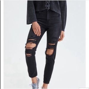 American Eagle Mom Jeans Size 2 Black Ripped Extra High Waisted